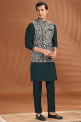 Teal Green Silk Embroidered Kurta Pajama Set with Jacket